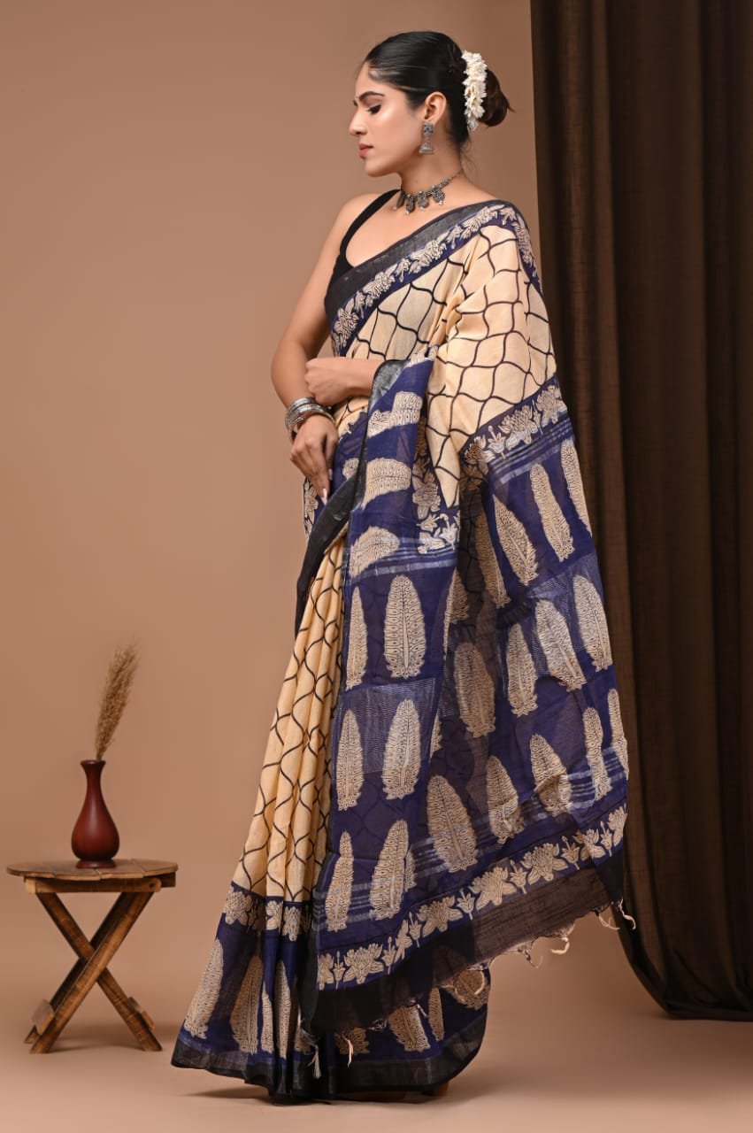 Hand Block Printed Linen Saree with Blouse